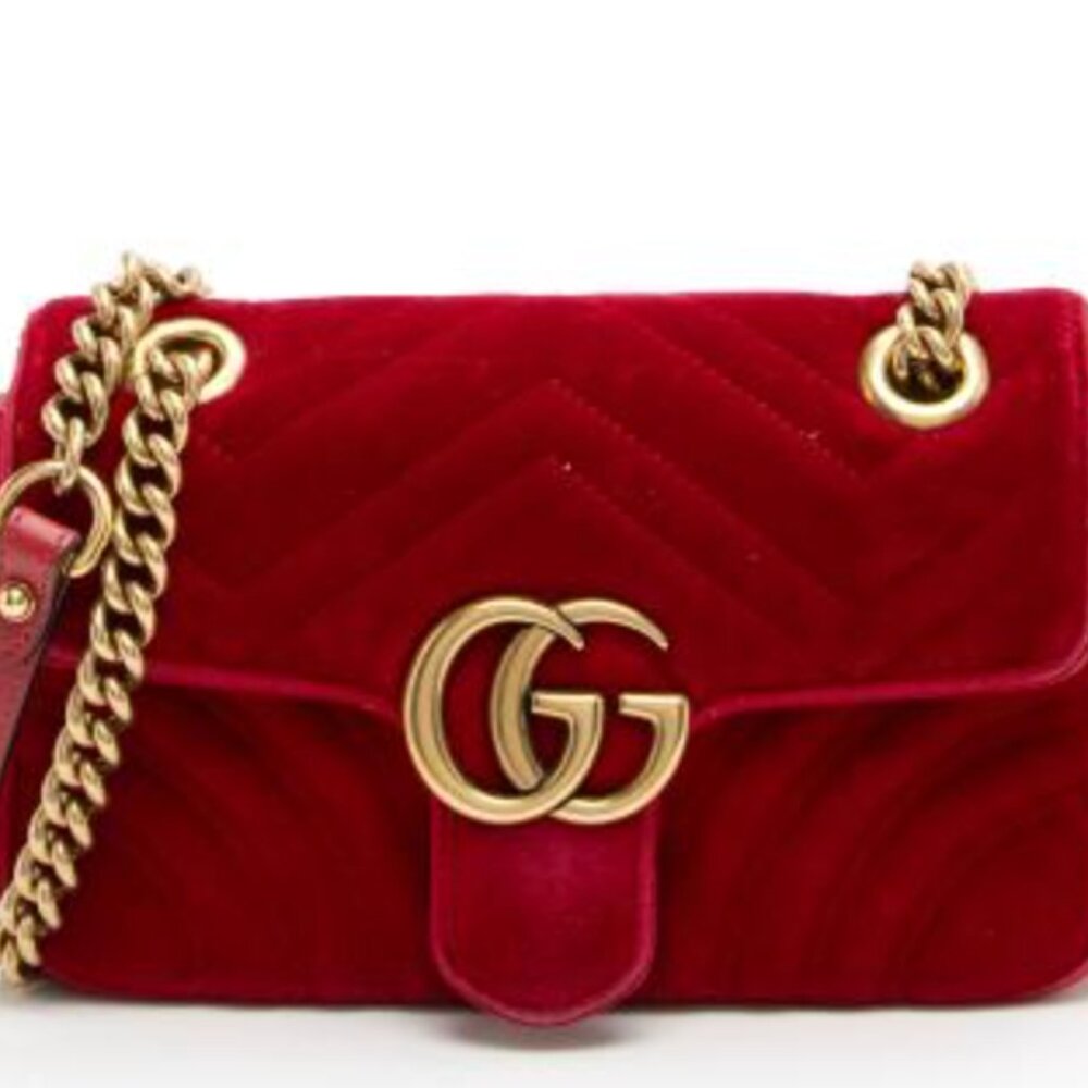 GUCCI - MATELASSE -VELVET HIBISCUS RED GC MARMONT MINI FLAP BAG